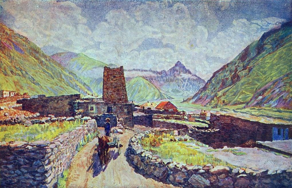 Илья Машков. Грузия. Казбек. Вид на гору Кабарджино и аул. 1920-е